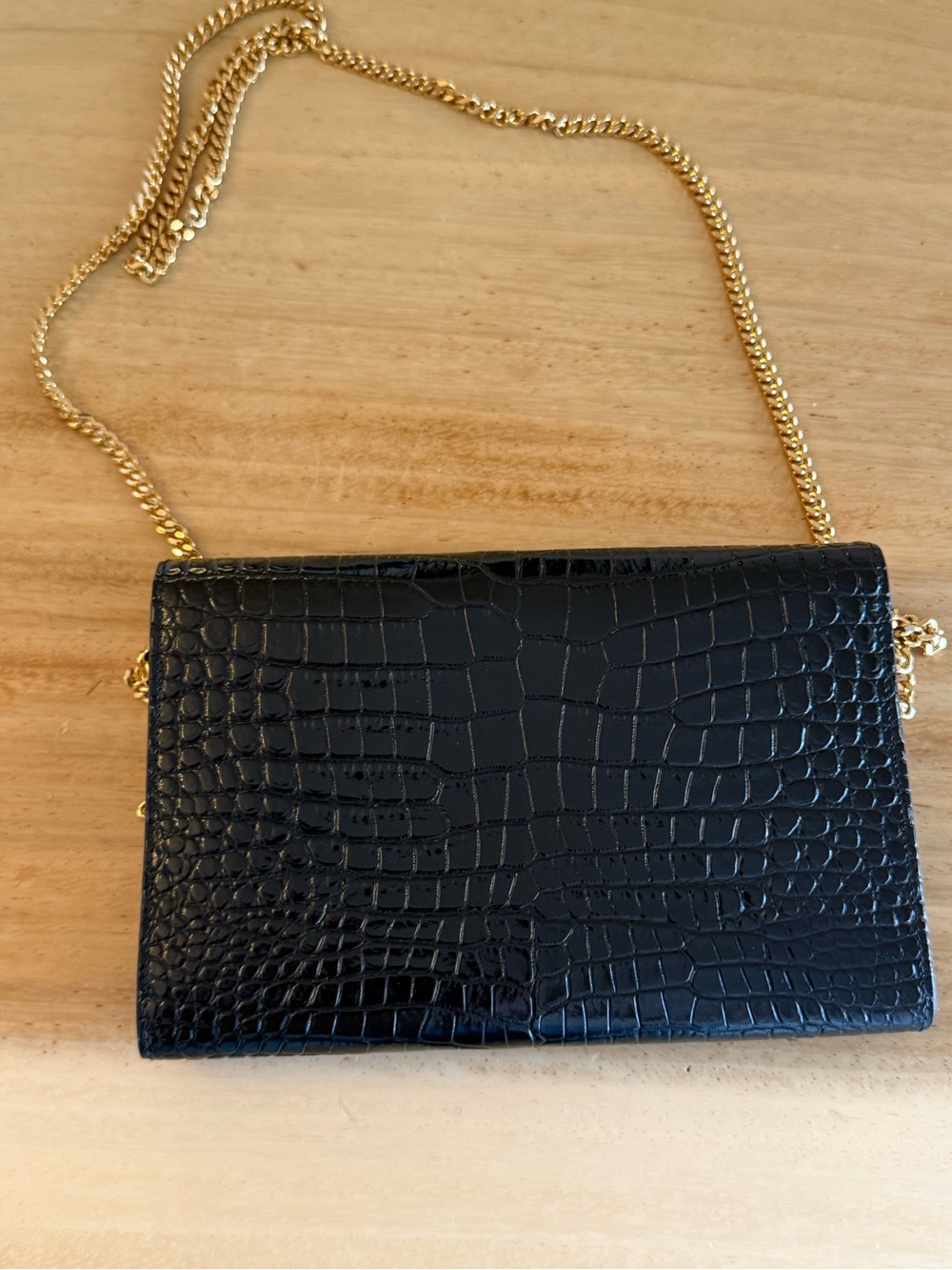 Yves Saint Laurent Black Croc-Embossed Envelope Crossbody with Gold Hardware - Picture 4 of 9